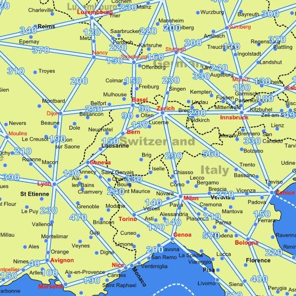 karta Švicarskoj kartica s udaljenosti