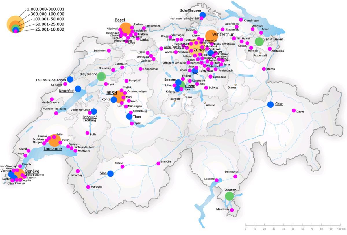 Švicarska karta sa svim većim gradovima