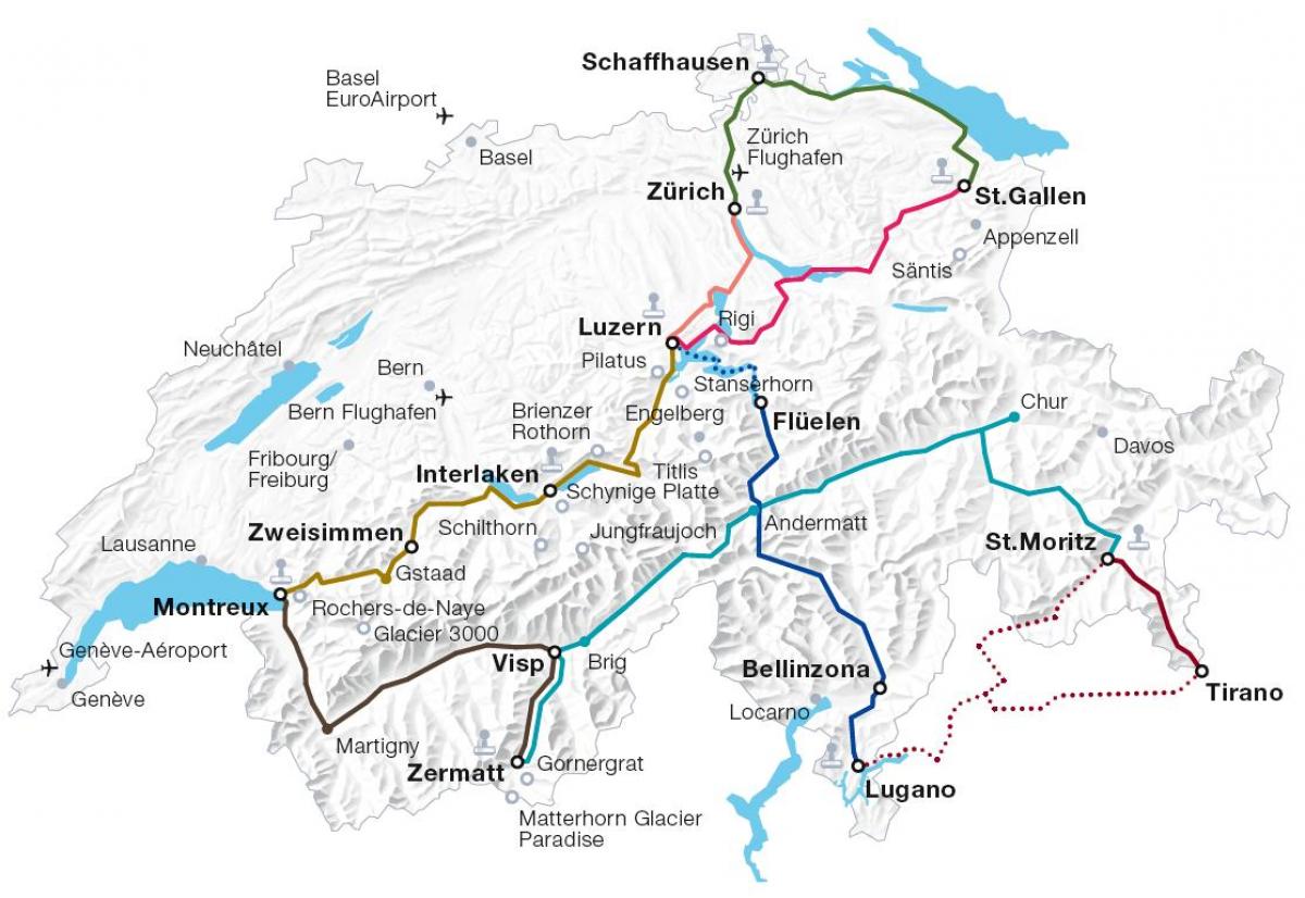 Švicarska željezničke rute na karti