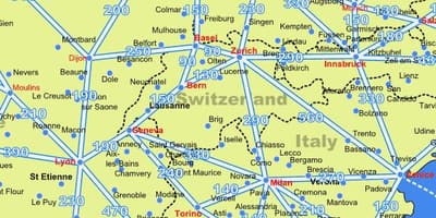 Karta Švicarskoj kartica s udaljenosti